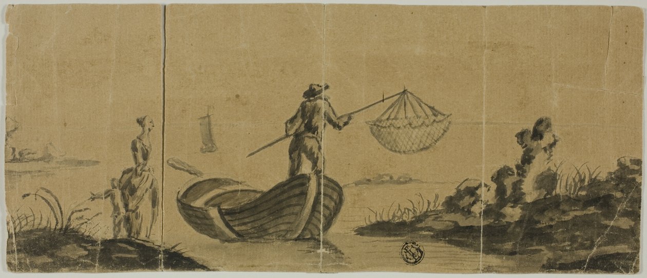 中国风，男子从船上捕鱼，妇女和儿童站在岸边 作者 克劳德·约瑟夫·韦尔内