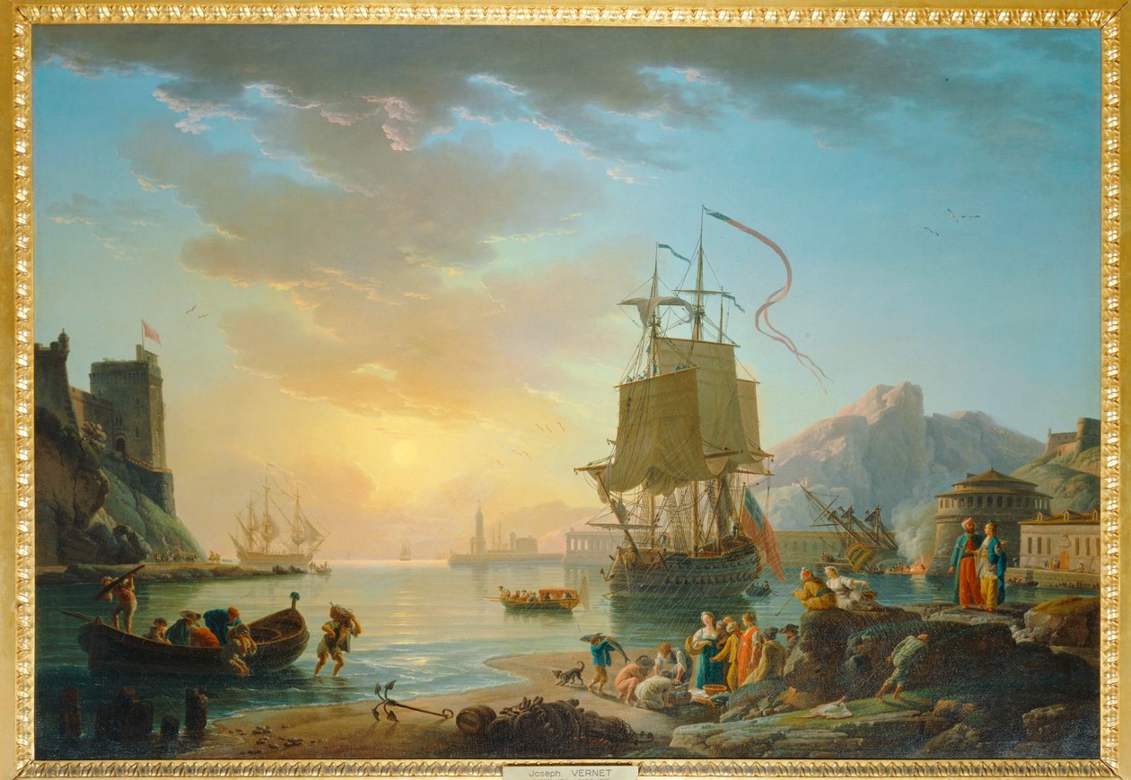 Marine, soleil couchant - 夕阳下的海滨画... 作者 克劳德·约瑟夫·韦尔内