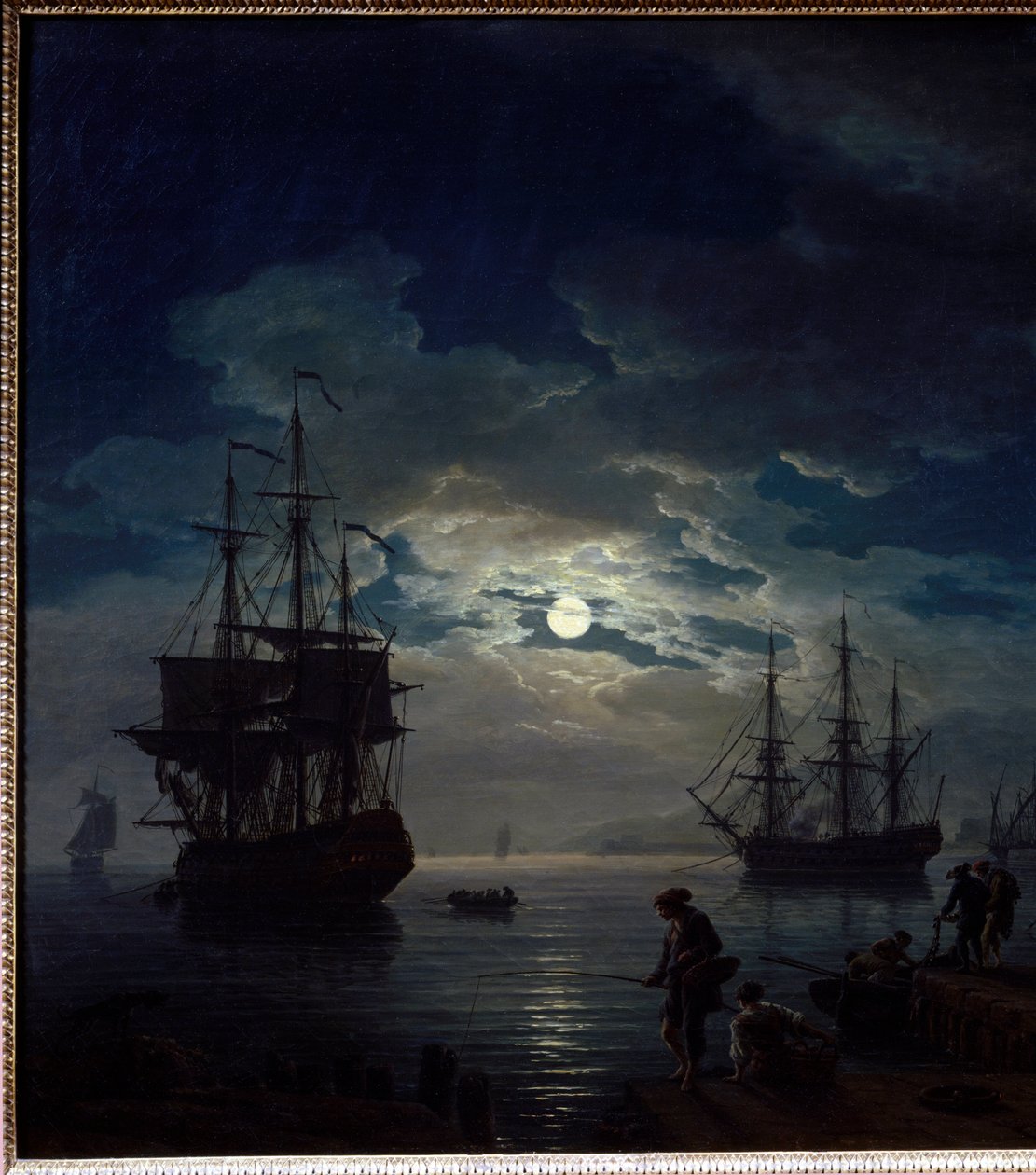 月光垂钓 海港的夜景。 细节。 Joseph Vernet (1714-1789) 绘画，1773 年巴黎，卢浮宫博物馆 作者 克劳德·约瑟夫·韦尔内