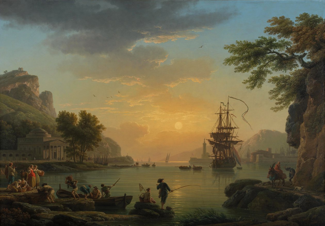 "" Paysage au Sunset avec retour de peche ""（日落时的风景，渔夫带着他们的渔获归来） Claude Joseph Vernet 作画（1714-1789）布面油画 1773 暗淡 114.5x164 厘米，伦敦国家美术馆 作者 克劳德·约瑟夫·韦尔内