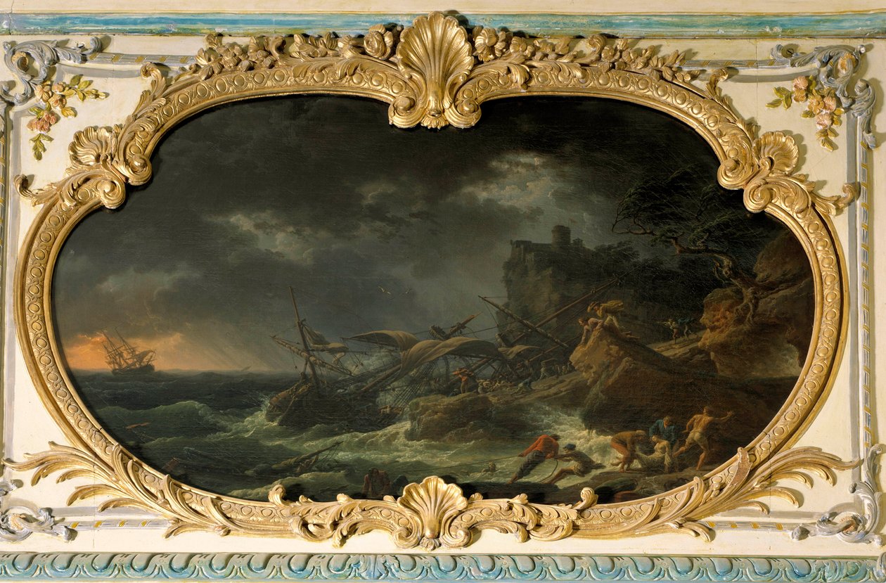 一天中的四个部分：在干海中沉船期间的南部或坦佩特船。 Joseph Vernet (1714-1789) 1762 年作画。昏暗。 0,85x1,35 m。 作者 克劳德·约瑟夫·韦尔内