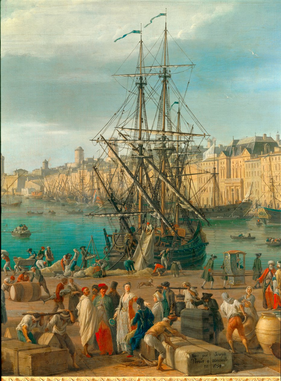 18 世纪的马赛港 代表卸货的细节。 Joseph Vernet (1714-1789) 18 世纪巴黎的绘画。 海洋博物馆 作者 克劳德·约瑟夫·韦尔内