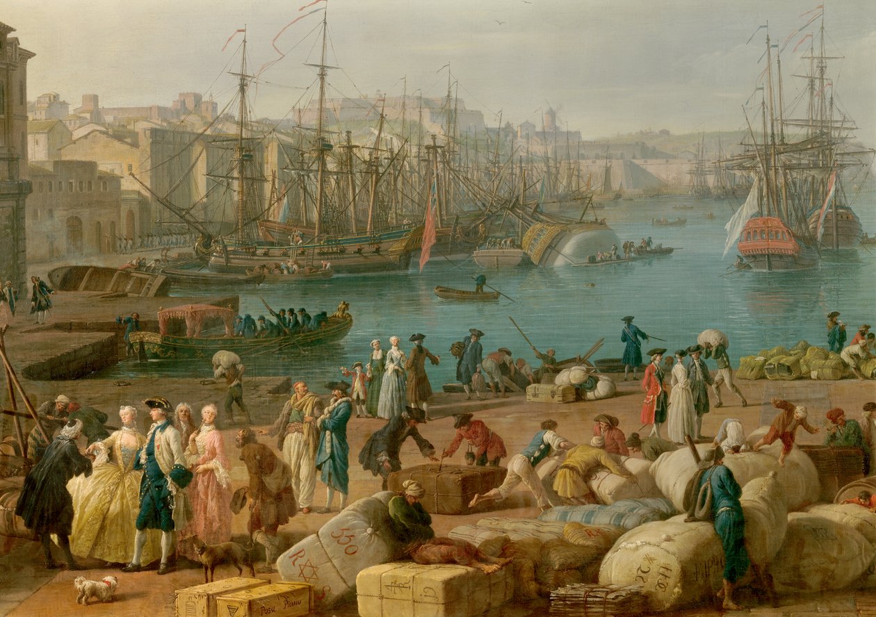 18 世纪的马赛港 代表卸货的细节。 Joseph Vernet (1714-1789) 18 世纪巴黎的绘画。 海洋博物馆 作者 克劳德·约瑟夫·韦尔内