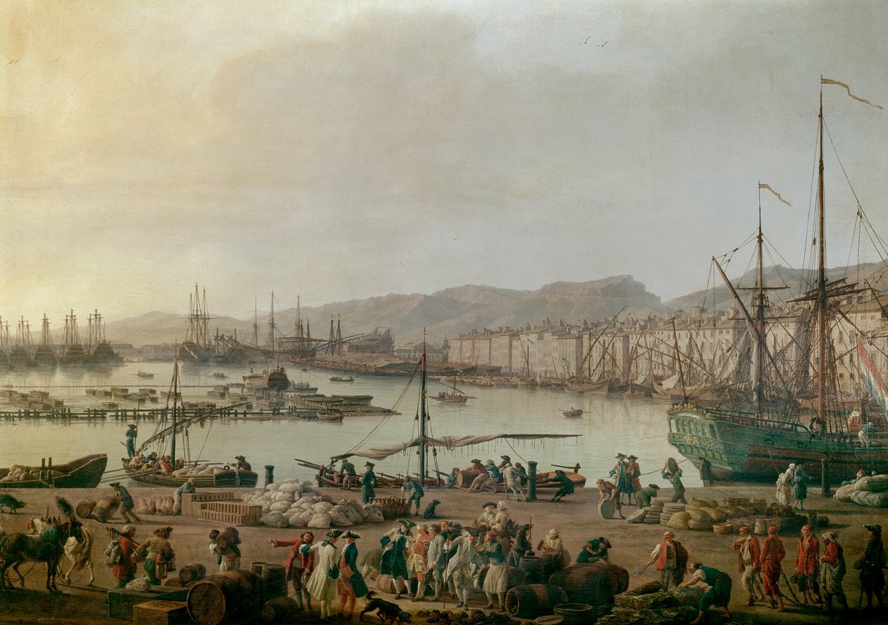 Toulon Detail 港口的景色，旧港口，从商店海岸拍摄的景色。 Joseph Vernet (1714-1789) 1756 年作画。巴黎，海洋博物馆 - 土伦海港景观。 细节。 Joseph Vernet (1714-1789) 作画，布面油画 作者 克劳德·约瑟夫·韦尔内