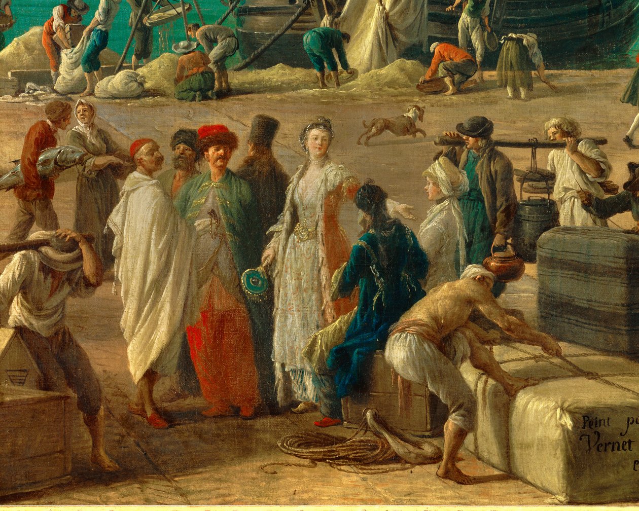 细节：18 世纪的马赛港“”代表货物卸货的细节。 Joseph Vernet (1714-1789) 18 世纪巴黎的绘画。 海洋博物馆 作者 克劳德·约瑟夫·韦尔内