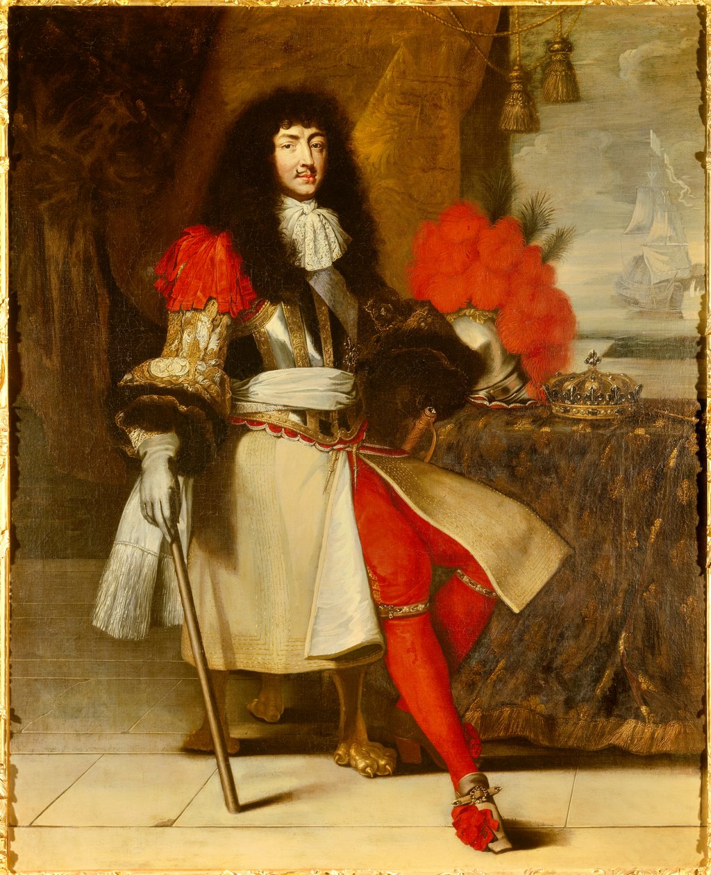 Portrait in foot of Louis XIV, King of France and Navarre (1638-1715) - circa 1665-1670 (battleship with crown and sceptre posed on the table, in front of a maritime landscape with a boat) Painting by Claude Lefebvre (1632-1675) Around 1670 Sun. 1,96x1,55  作者 克劳德·勒费弗