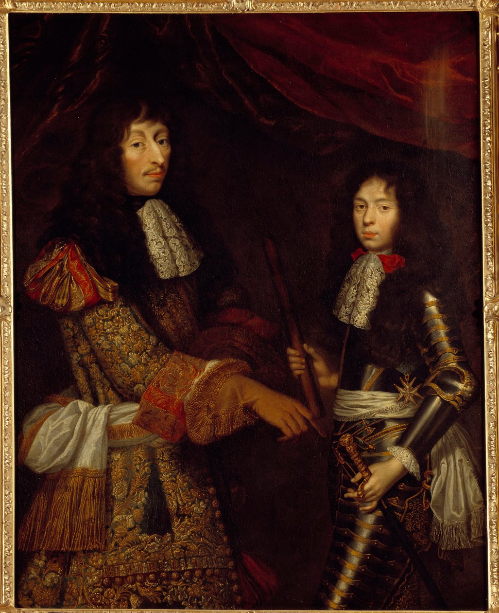 波旁王子路易二世 (Bourbon-Conde) (1621-1686) 和他的儿子昂吉恩公爵亨利 (1643 - 1709) 的肖像。 Claude Lefebvre (1632-1675) 的绘画 作者 克劳德·勒费弗