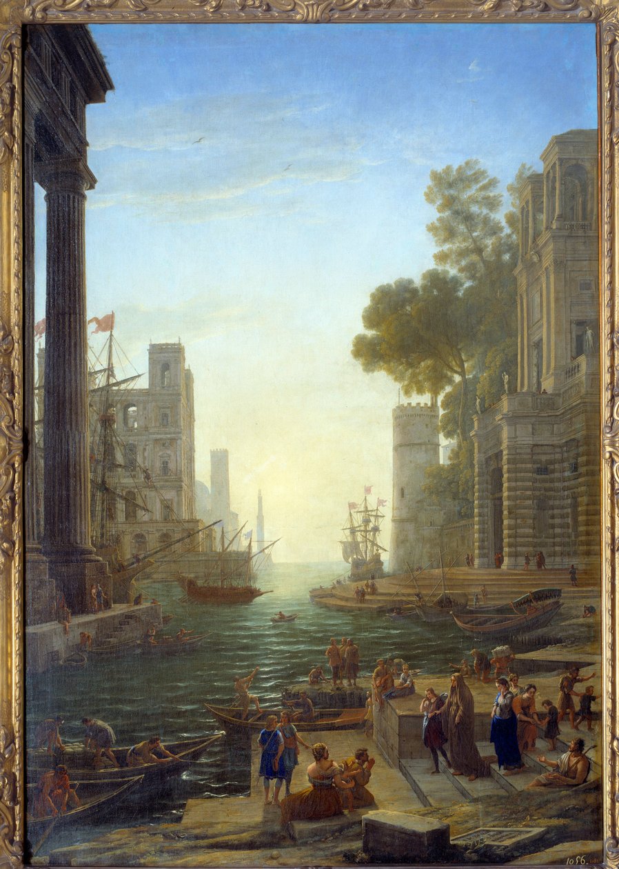 风景与圣保拉罗马纳在 Ostia.Saint Paula 的船离开她的孩子前往圣地。 帆布，211 x 145 厘米 - 从 Sainte Paule 到 Ostia 的登机。 圣保利 (347-404 或 407)，罗马寡妇，圣杰罗姆的门徒。 Cl 绘画 作者 克劳德·洛兰