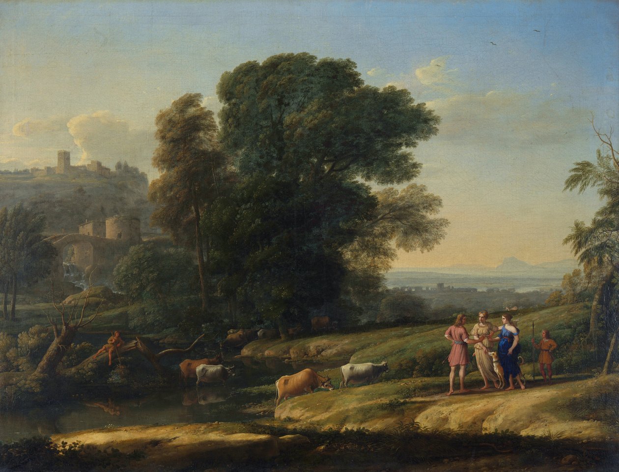 "克劳德-洛兰(1600-1682)的画作 《戴安娜与西弗勒斯重逢的风景》(Paysage avec Cephale et Procris reunis par Diane) 1645年的布面油画 Dim 101,5x133 cm 伦敦国家美术馆，Londres 作者 克劳德·洛兰