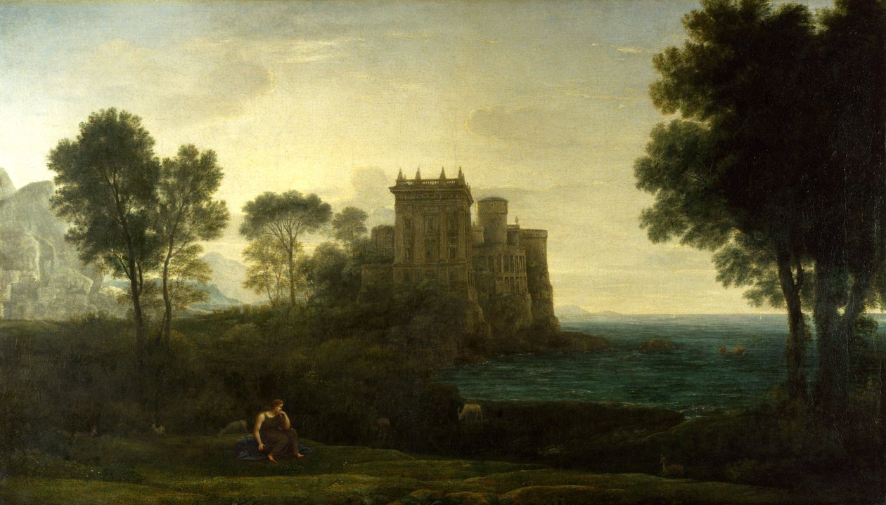 ""Paysage avec Psyche devant le palais de Cupidon"" ou ""le palais enchante"" (Landscape with Psyche outside the palace of Cupid or the enchanted castle) Peinture de Claude Lorrain (1600-1682) Oil on canvas 1664 Dim 87,1x151,3 cm National Gallery, Londres 作者 克劳德·洛兰