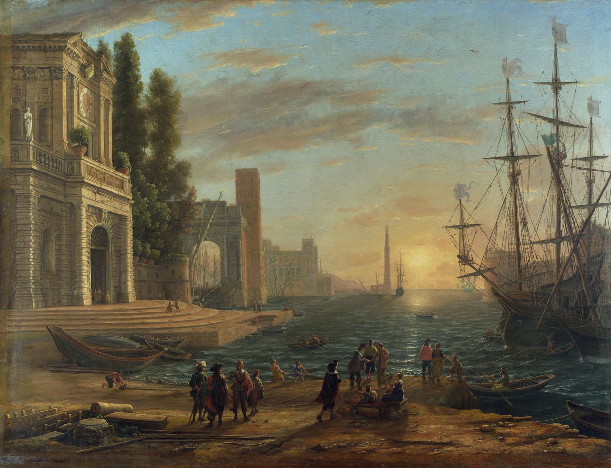 "" Port de mer au soleil couchant ""（海港） Claude Lorrain 绘画（1600-1682）布面油画 1644 暗淡 103x131 厘米，伦敦国家美术馆 作者 克劳德·洛兰