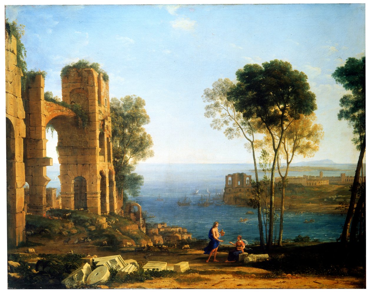 在1645年至1649年之间与阿波罗（Apollo）和库曼西比（Cumaean Sibyl）的海岸景观。 作者 克劳德·洛兰