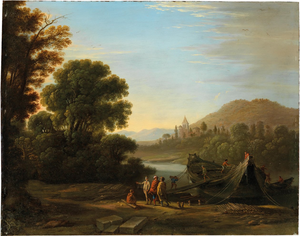 法语: Paysage avec personnages chargeant du bois sur un bateau 有人物在船上装载木材的风景画 作者 克劳德·洛兰