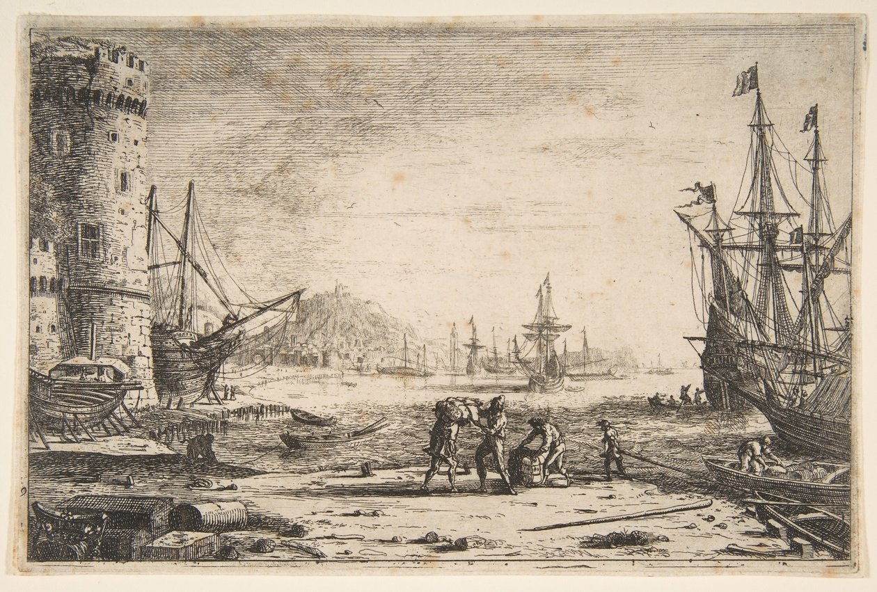 港口与一个大塔，ca。 1641。 作者 克劳德·洛兰