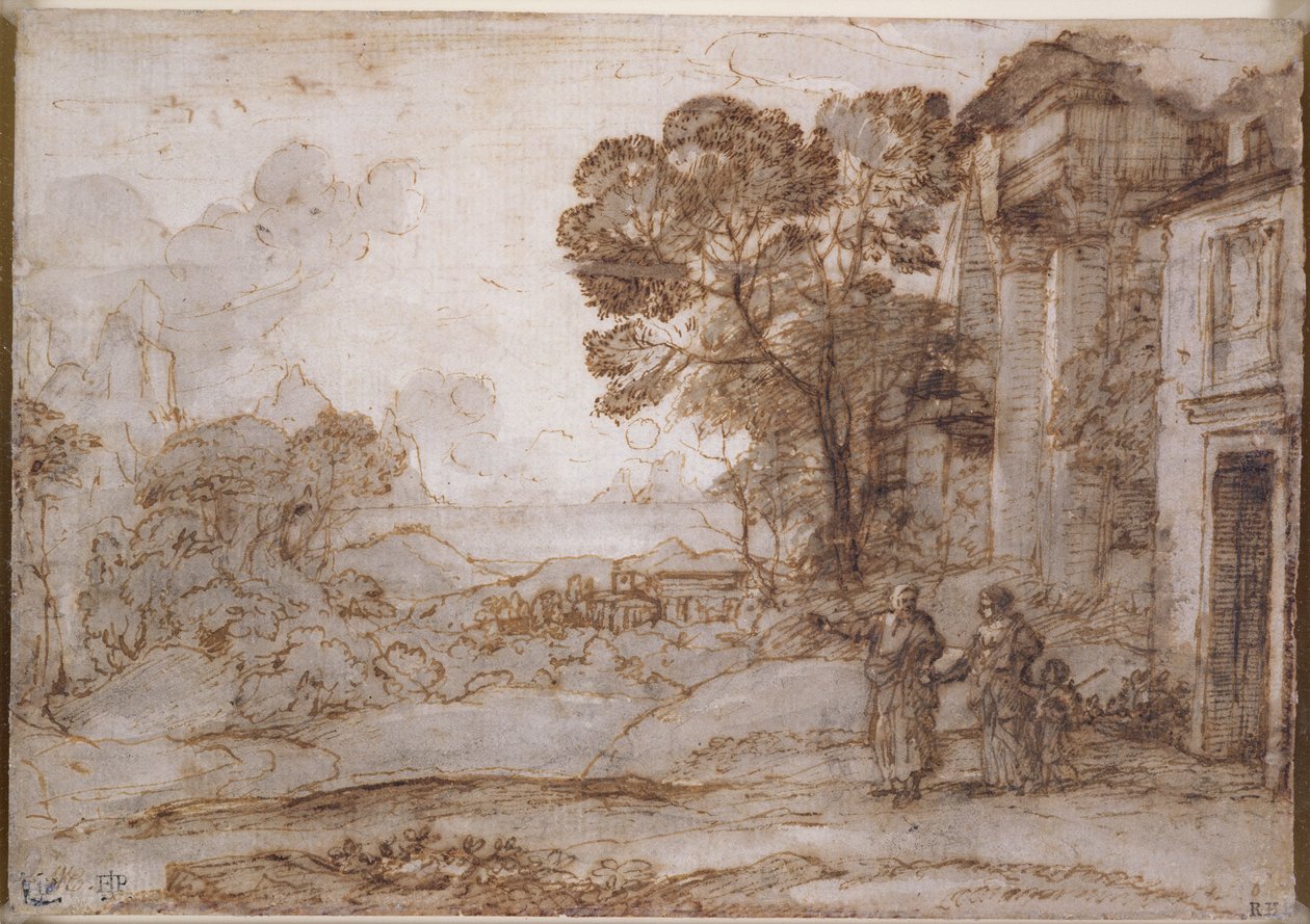 与亚伯拉罕驱逐夏甲和以实玛利的风景，c.1665-67（笔和墨水在纸上用粉笔清洗） 作者 克劳德·洛兰