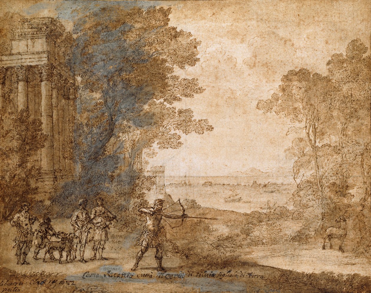 阿斯卡尼乌斯射杀西尔维娅的雄鹿的风景，1680-1682年 作者 克劳德·洛兰