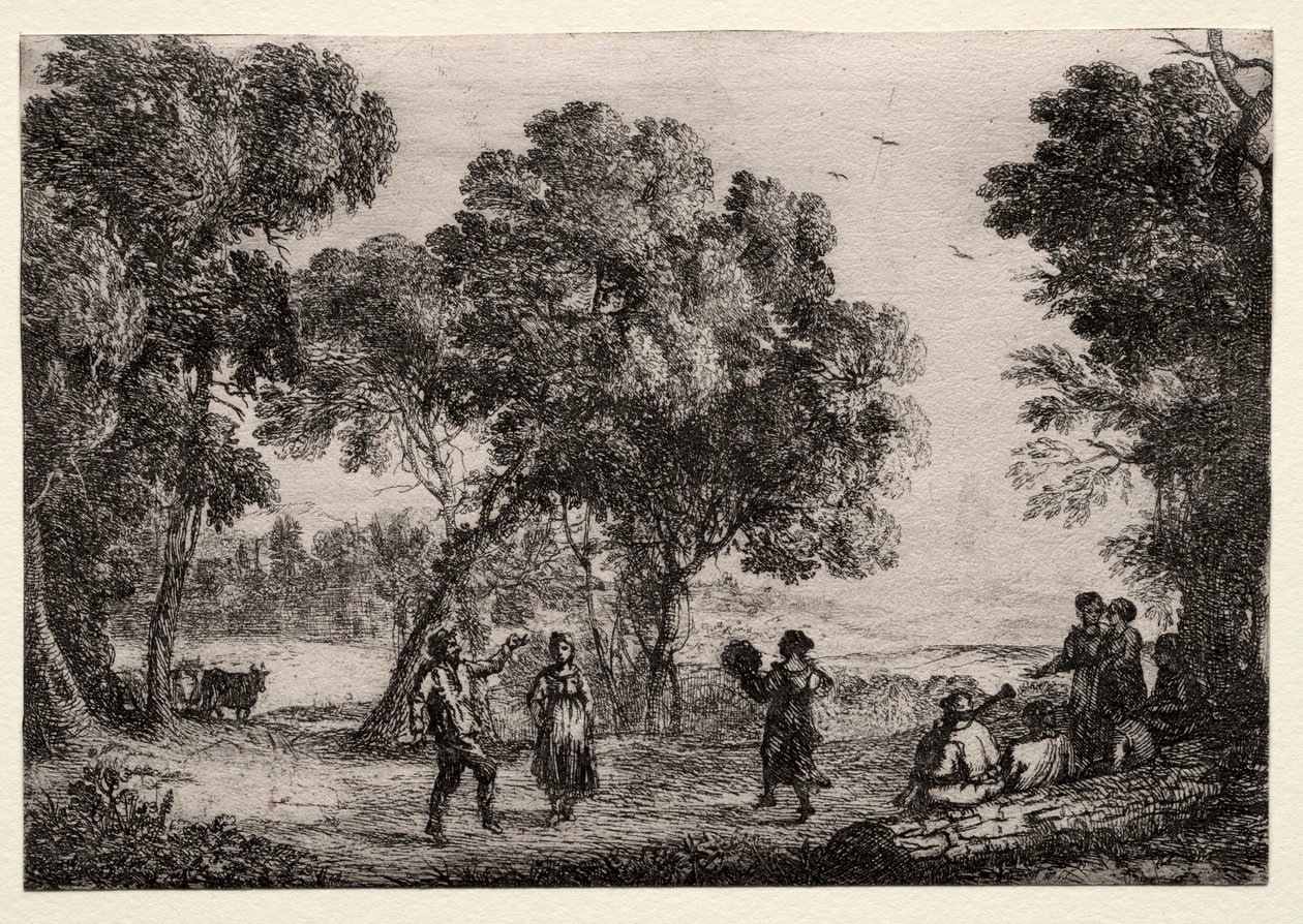 与乡村舞蹈小盘子的风景，c。 1637。 作者 克劳德·洛兰