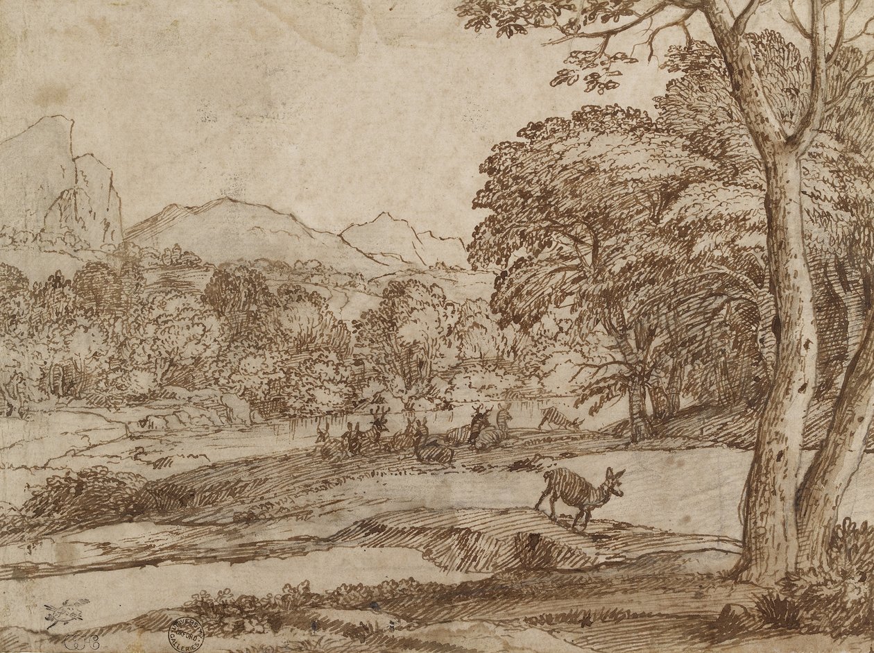 景观与一群鹿，1666年（黑色粉笔，擦，用笔和棕色墨水在沾有灰白色的纸上） 作者 克劳德·洛兰