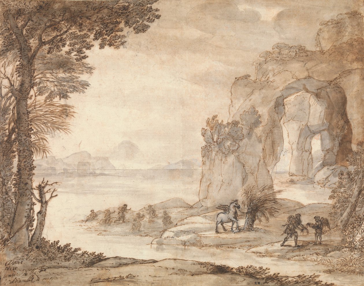 珀尔修斯和珊瑚的起源，c.1671（黑色粉笔，棕褐色和黑色墨水，棕褐色和灰色洗白色） 作者 克劳德·洛兰