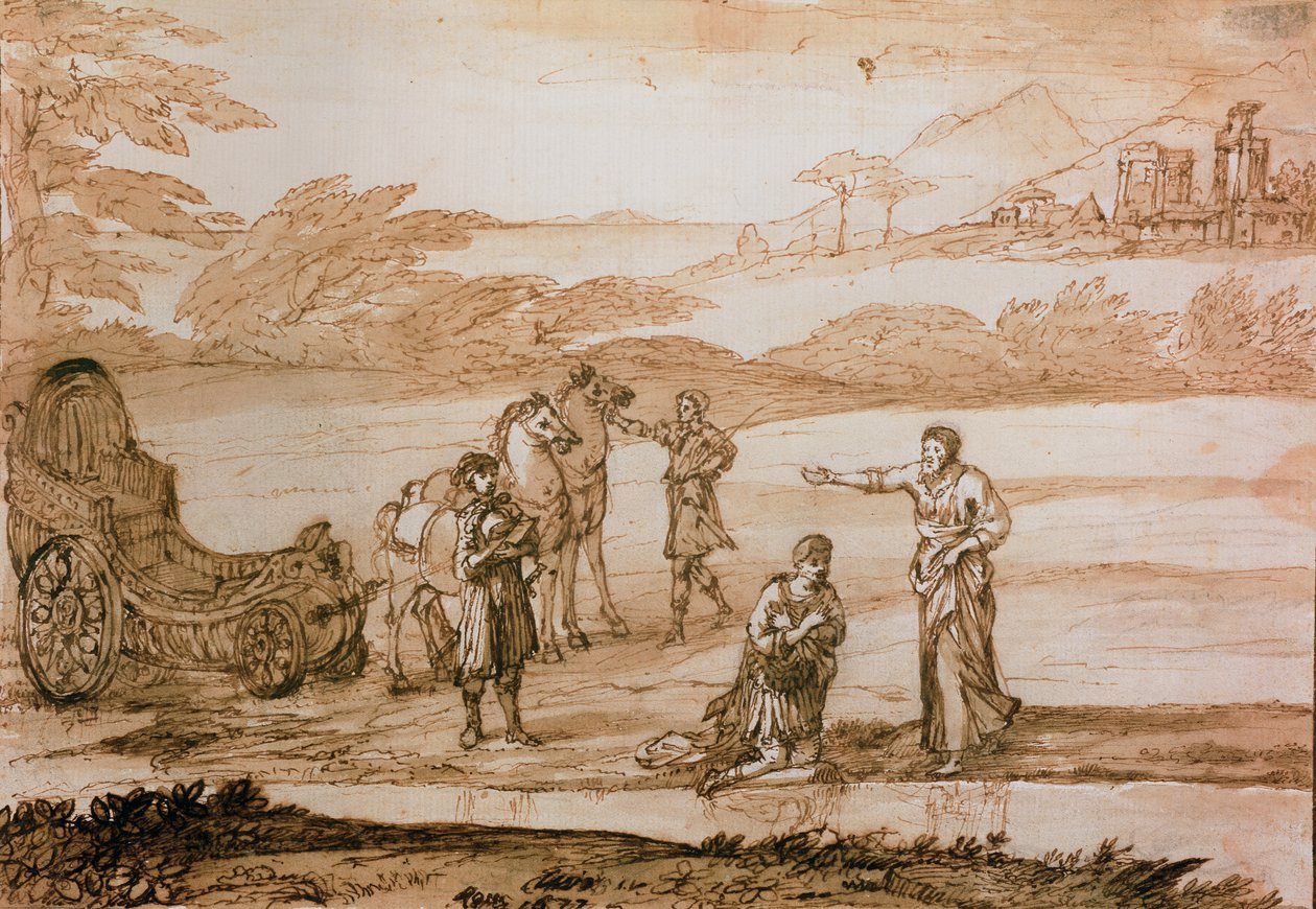1677年圣菲利普洗礼太监（墨水和纸上洗） 作者 克劳德·洛兰