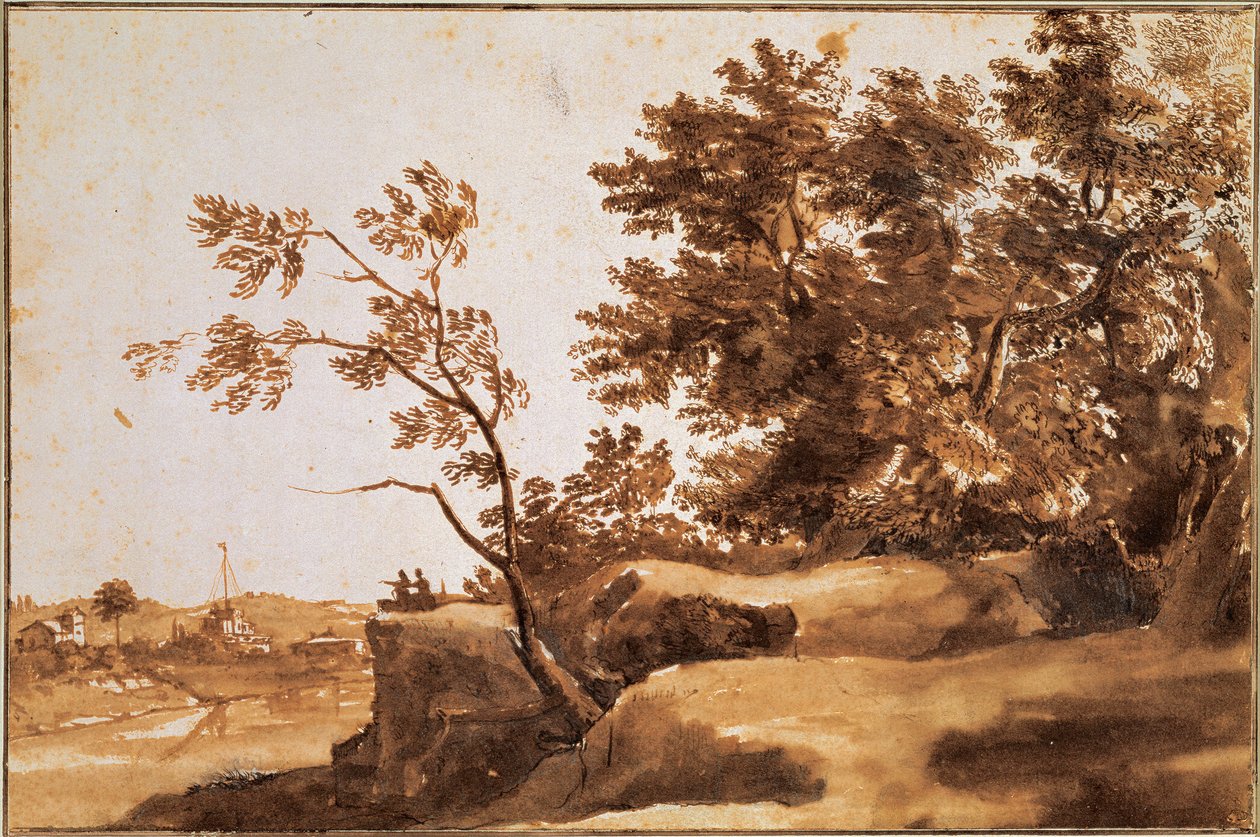 台伯河风景，背景为圣天使城堡（Castel SantAngelo），1630年至1640年之间 作者 克劳德·洛兰