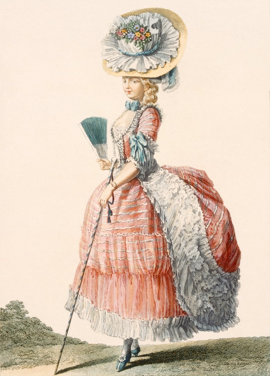 女士长裙，由 Dupin 雕刻，来自“Galeries des Modes et Costumes Francais”，c.1778-87（彩色雕刻）99：服装； 传统服饰； 传统服饰； 时尚; 插图; c18th; 时髦; 衣服; 女性; 扇子; 帽子; 甘蔗; 作者 克劳德·路易斯（后）德拉斯