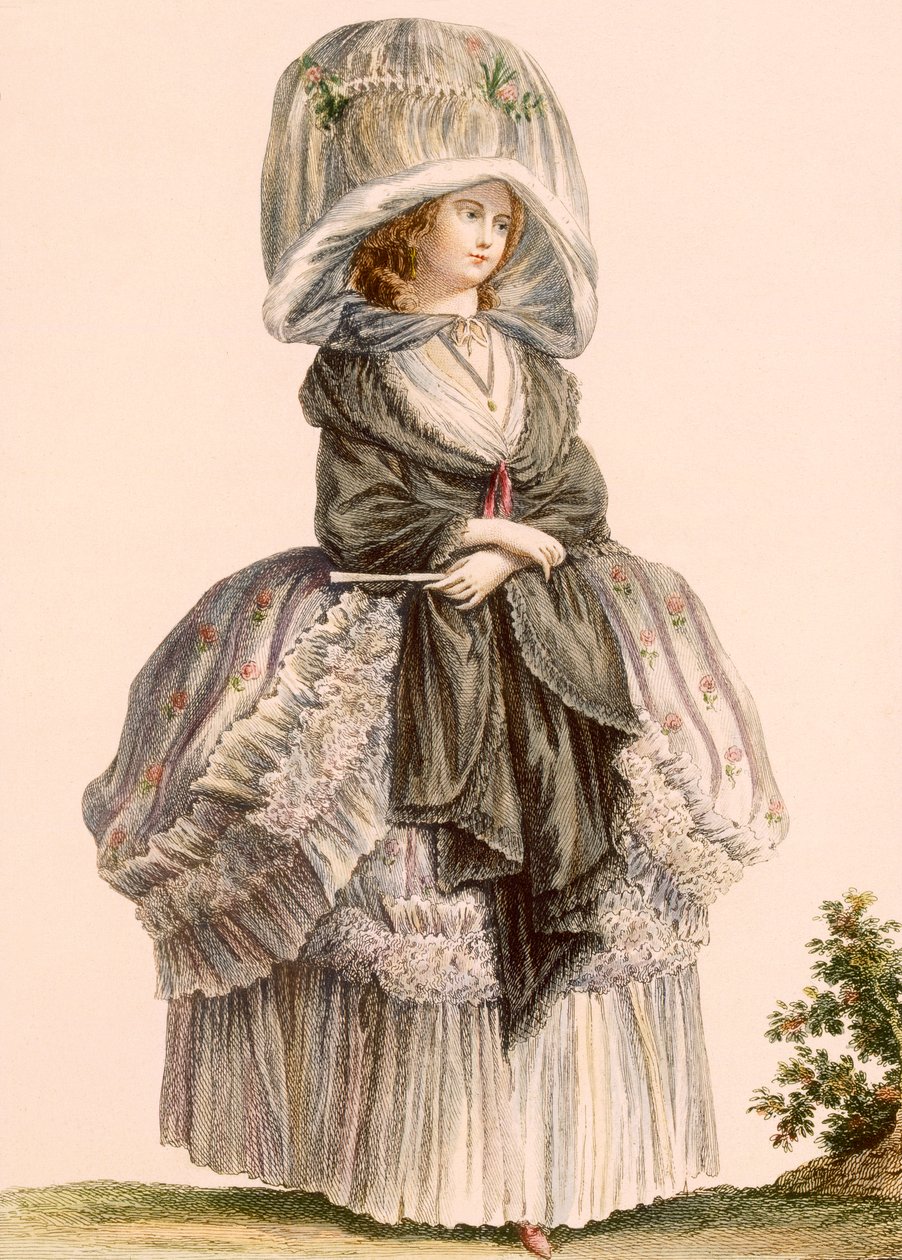 一位女士的夏季长廊礼服，由Deny雕刻，来自&39;Galeries des Modes et Costumes Francais&39;，c.1778-87 作者 克劳德·路易·德斯赖斯