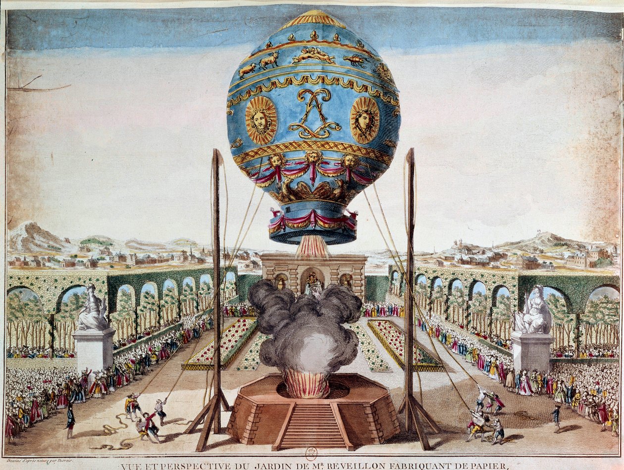 Montgolfiere 兄弟于 1783 年 10 月 19 日在巴黎圣安东尼郊区 Reveillon 先生的花园中的经历。 Desrais Claude Louis Desrais (1746-1816) 的雕刻 作者 克劳德·路易·德斯赖斯