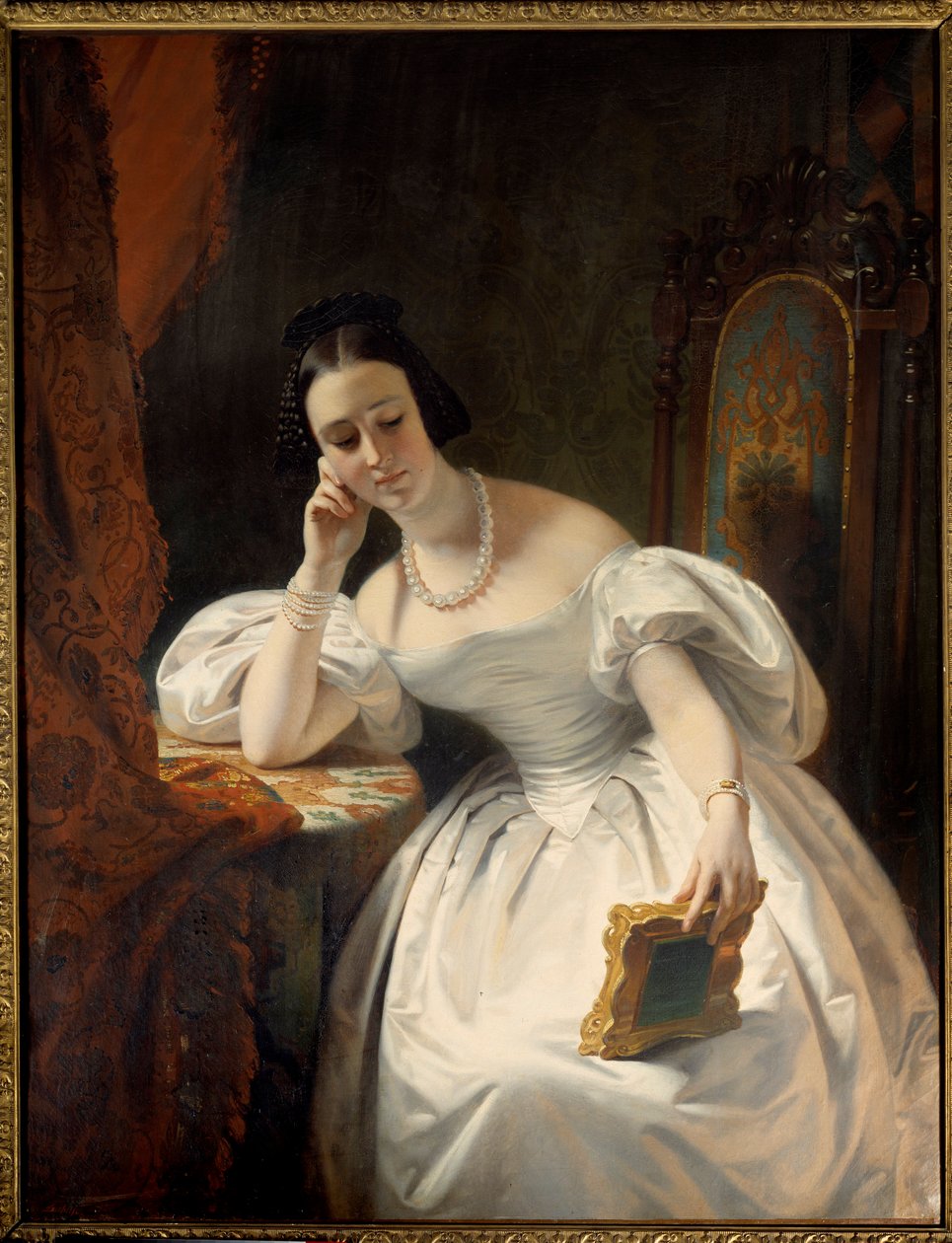 Young girl in the mirror. Painting by Claude Marie Dubufe (1790-1864) 作者 克劳德·玛丽·杜布菲