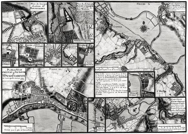 Fol.7＆98 1714年沿着夏朗德河（Charente River）的城镇和城堡地图，来自Recueil des Plans de Saintonge（笔和墨水和纸上的纸） 作者 克劳德·马斯