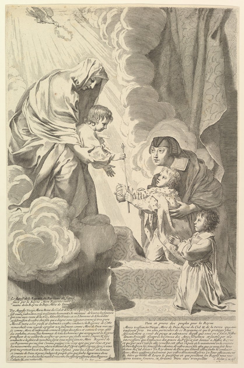 奥地利的安妮（Anne）与年轻的路易十四（Louis XIV）和先生（Monsieur）在处女和儿童安妮dAutr ...之前。 作者 克劳德·梅伦