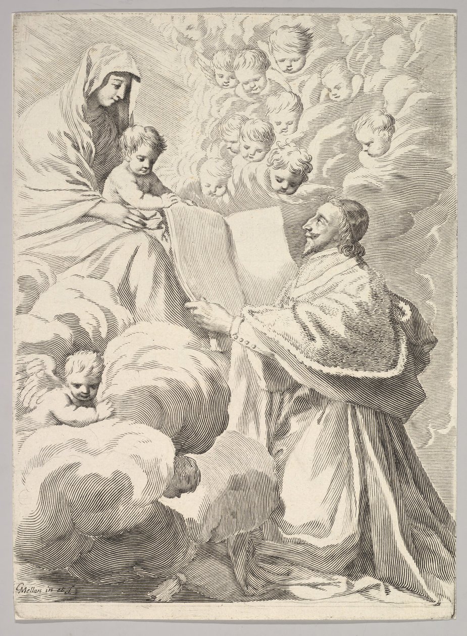 跪着的枢机主教黎塞留（Richelieu）向维尔京和孩子展示了自己的书。 1646。 作者 克劳德·梅伦