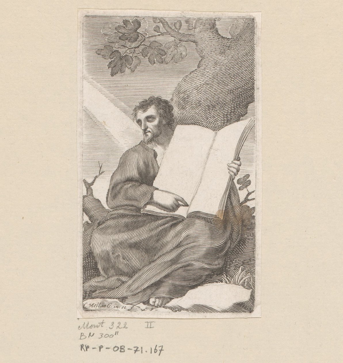 H.奥古斯丁坐在一棵树脚下
扉页：圣奥古斯丁的忏悔》，1639 年 作者 克劳德·梅伦