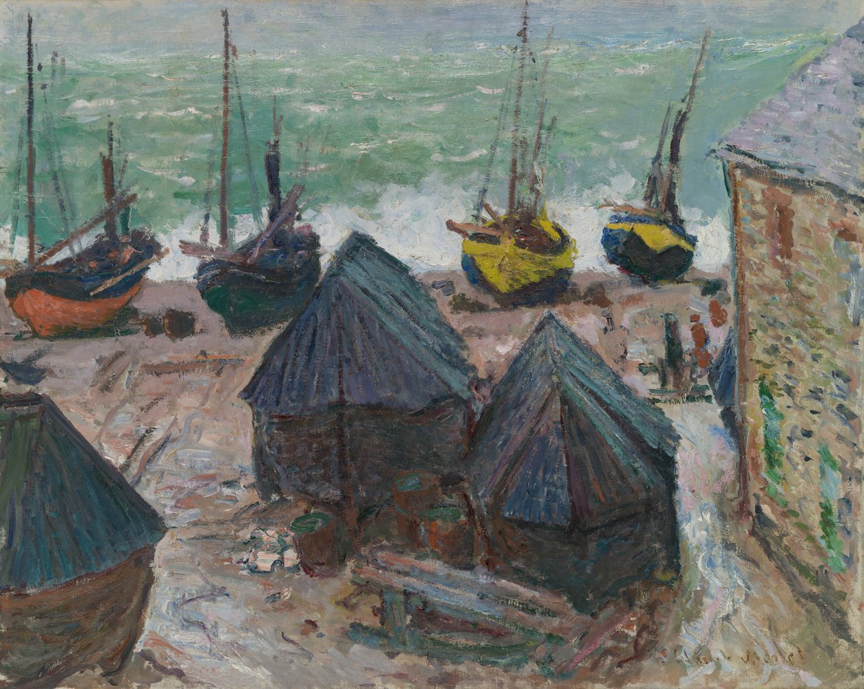 埃特雷塔海滩上的船只，1885年。 作者 克劳德·莫奈