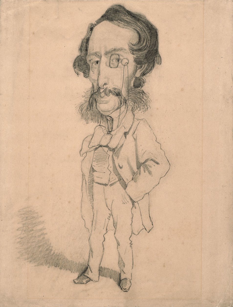 马里奥·乌查德 (Mario Uchard) 的漫画，c.1858（石墨，在棕褐色编织纸上进行擦除和树桩处理） 作者 克劳德·莫奈
