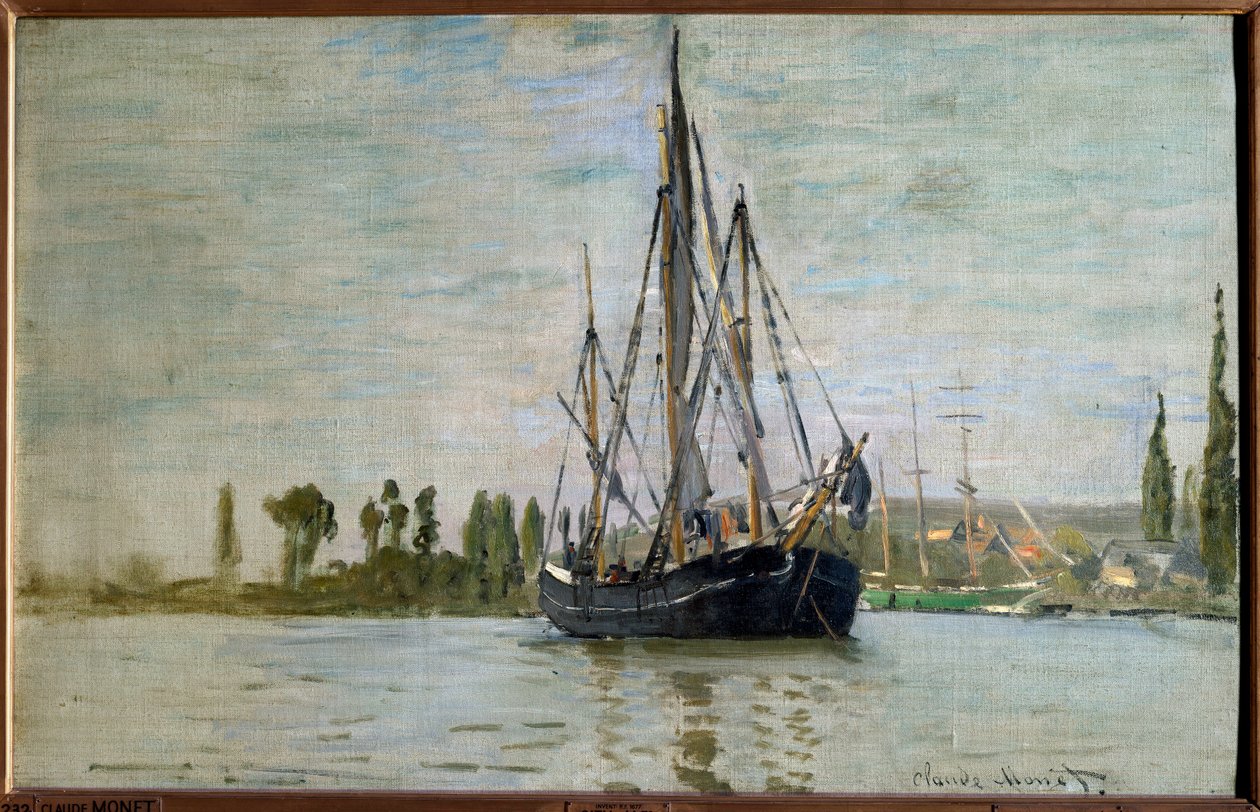 Chasse maree (Chasse-Maree) 在鲁昂附近停泊，克劳德·莫奈 (Claude Monet) (1840-1926) 1871 年作画。 0,48x0,75 m 巴黎，奥赛博物馆 - 锚地的法国追逐马雷（靠近鲁昂）。 克劳德·莫奈 (1840-1926) 的绘画 作者 克劳德·莫奈