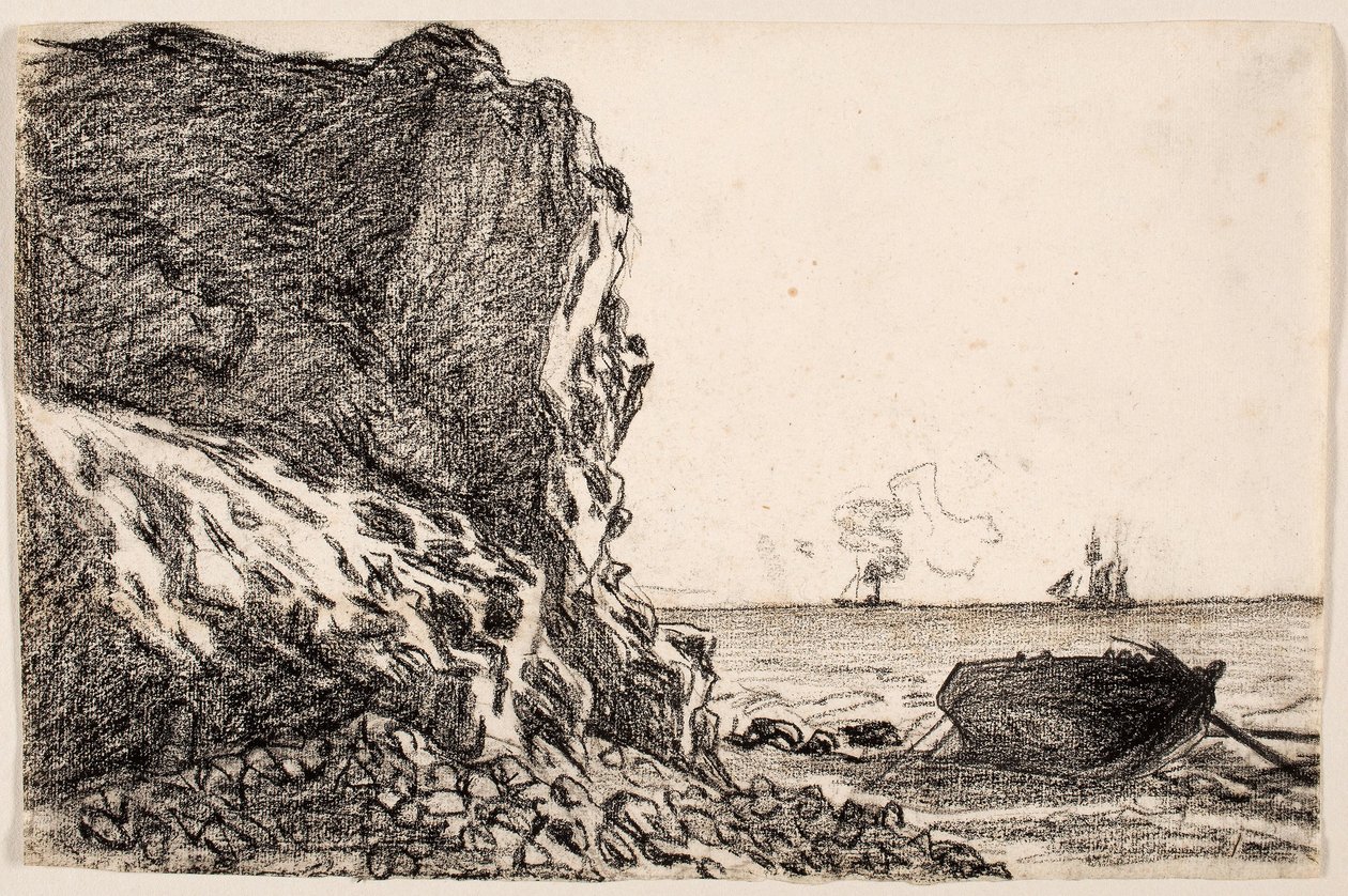 《悬崖与海》，圣阿德雷斯，c.1864（象牙色纸上的黑色粉笔） 作者 克劳德·莫奈