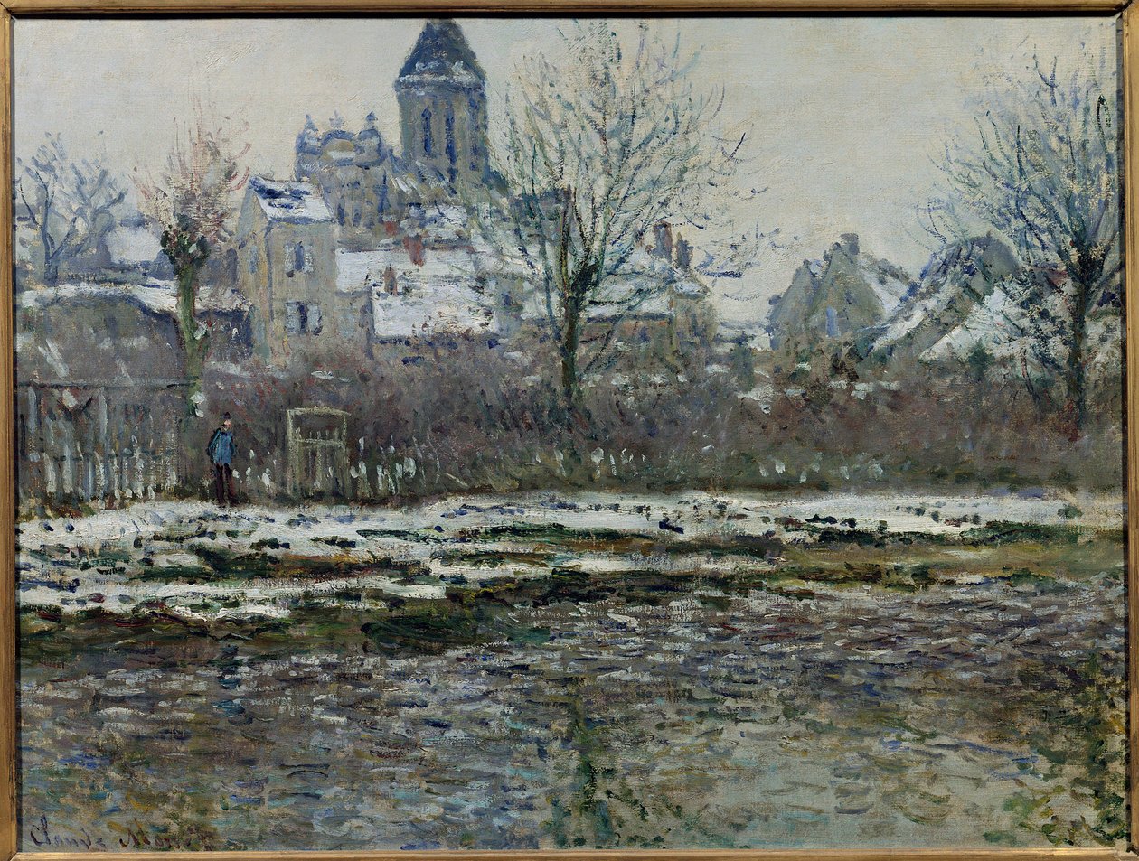 雪在 Vetheuil 或“Eglise de Vetheuil, neige”的影响 克劳德·莫奈 (Claude Monet) (1840-1926) 1878/79 的绘画。 暗淡。 0,53 x 0,71m。 巴黎，奥赛博物馆 作者 克劳德·莫奈