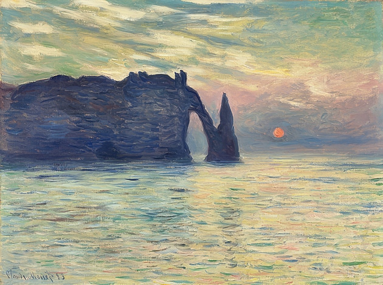 岩石，埃特尔塔，日落。 1882-83 作者 克劳德·莫奈