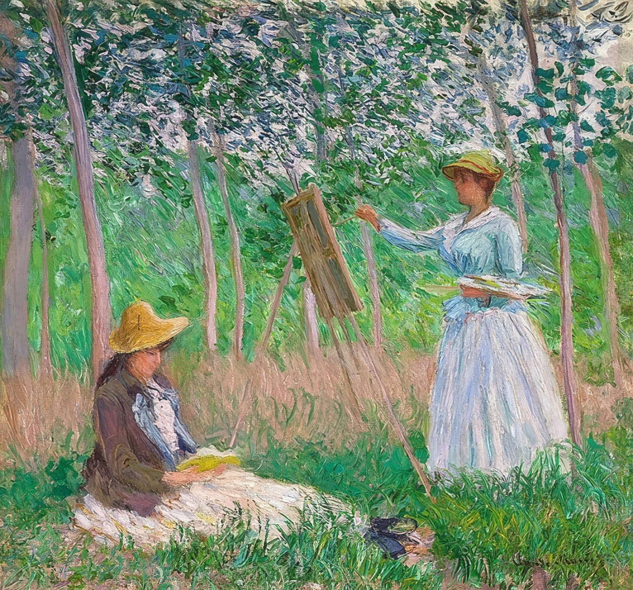 在吉维尼的花园里：画架上的布兰奇·霍斯德（BlancheHoschedé）和苏珊娜·霍斯德（SuzanneHoschedé）读书。 1887年 作者 克劳德·莫奈