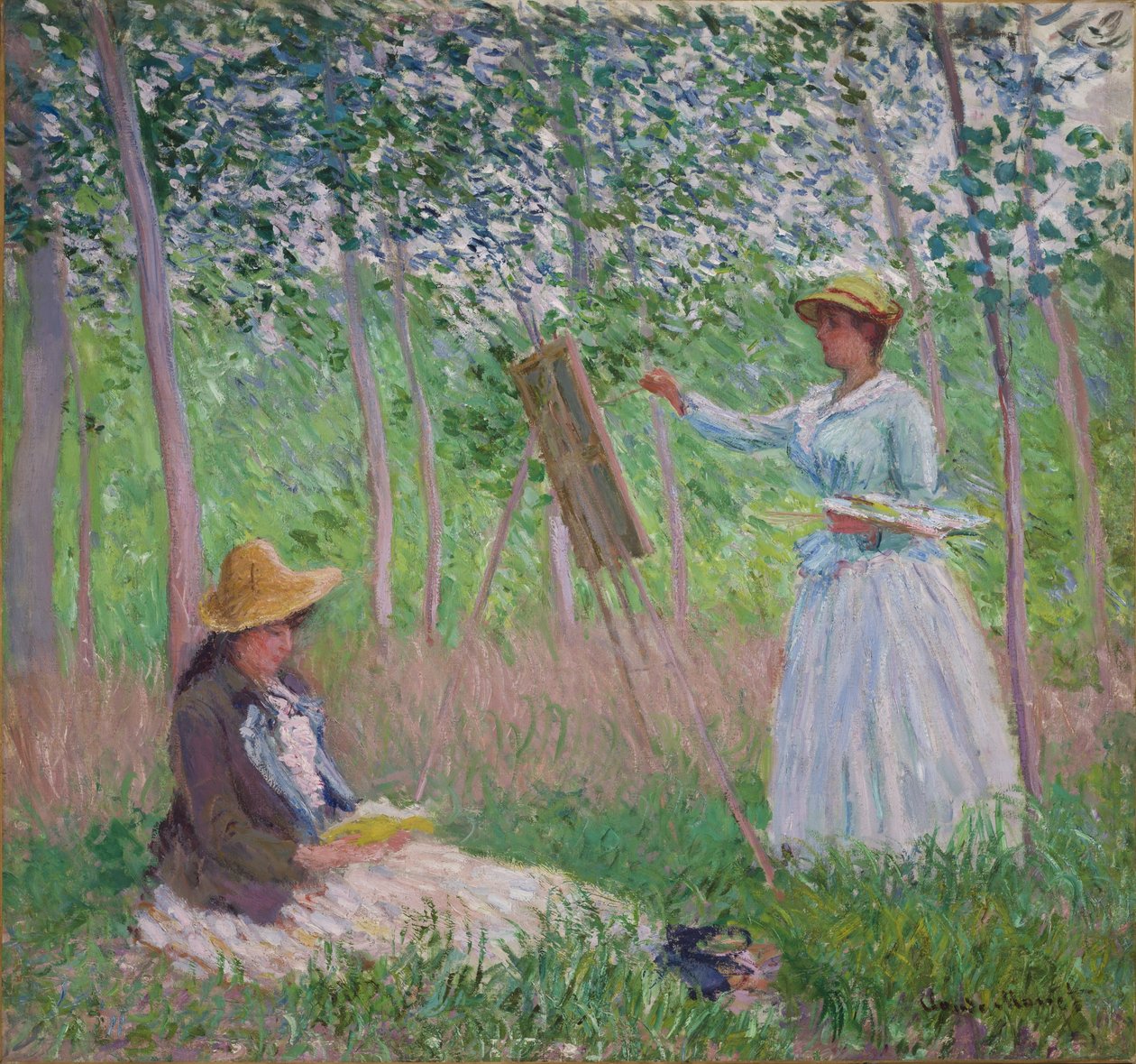 在吉维尼的伍兹：布兰奇·霍斯切德在她的画架上与Suzanne Hoschede一起阅读，1887年 作者 克劳德·莫奈