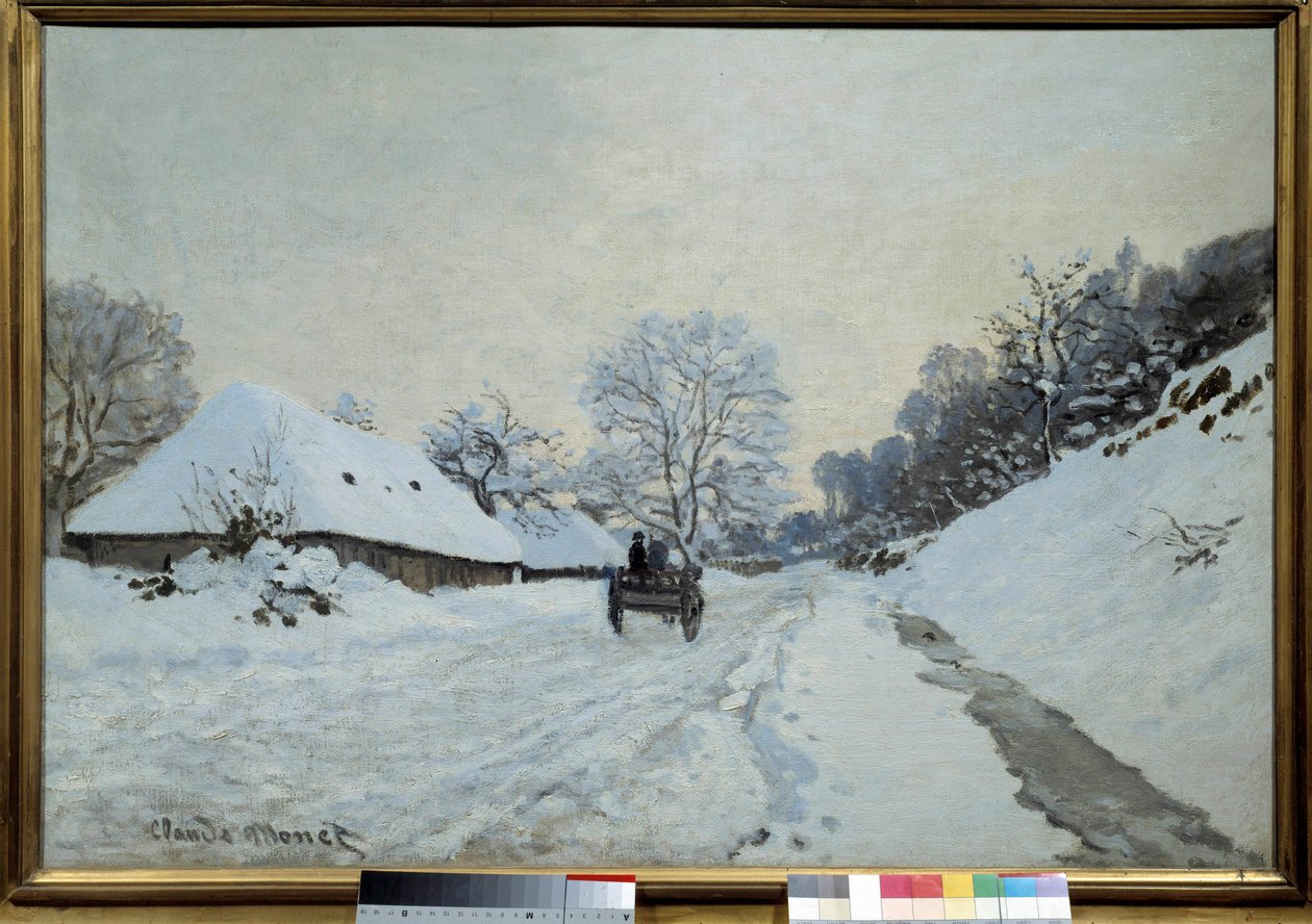1867年在洪福勒的雪地上的小车和道路 克劳德-莫奈（1840-1926）的绘画。1867.直径0,65x0,92米。巴黎，奥赛博物馆 作者 克劳德·莫奈