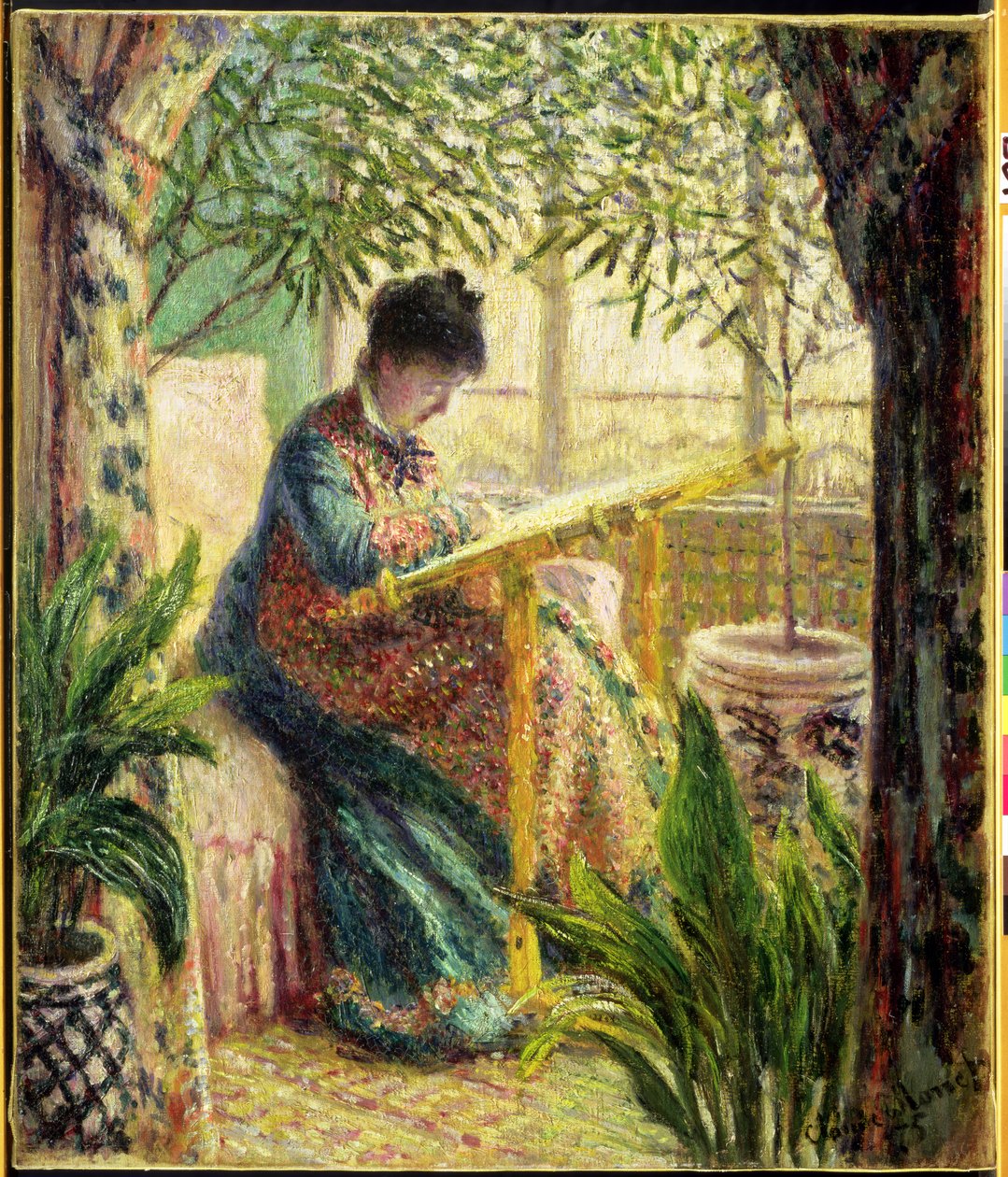 莫奈夫人刺绣（卡米尔在梅西尔）1875年 作者 克劳德·莫奈