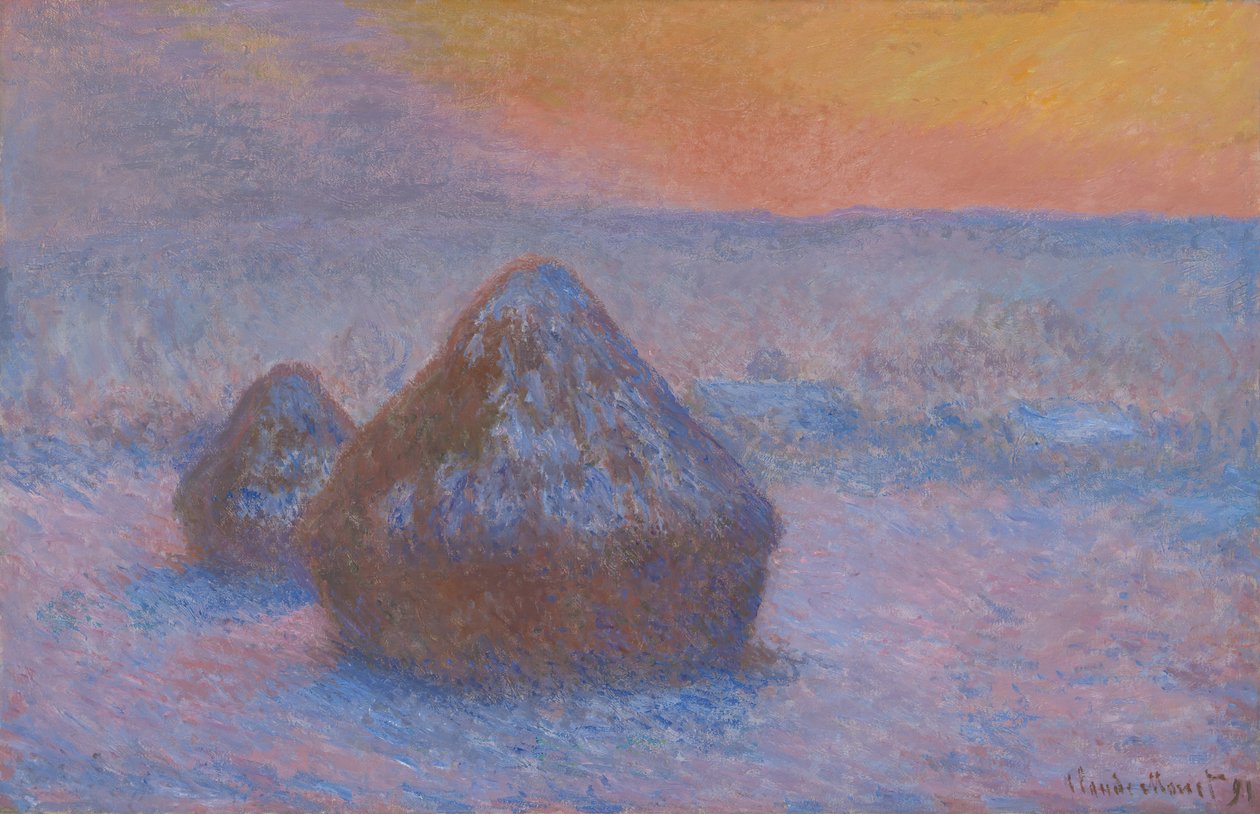 小麦堆的夕阳，雪的效果，189091。 作者 克劳德·莫奈