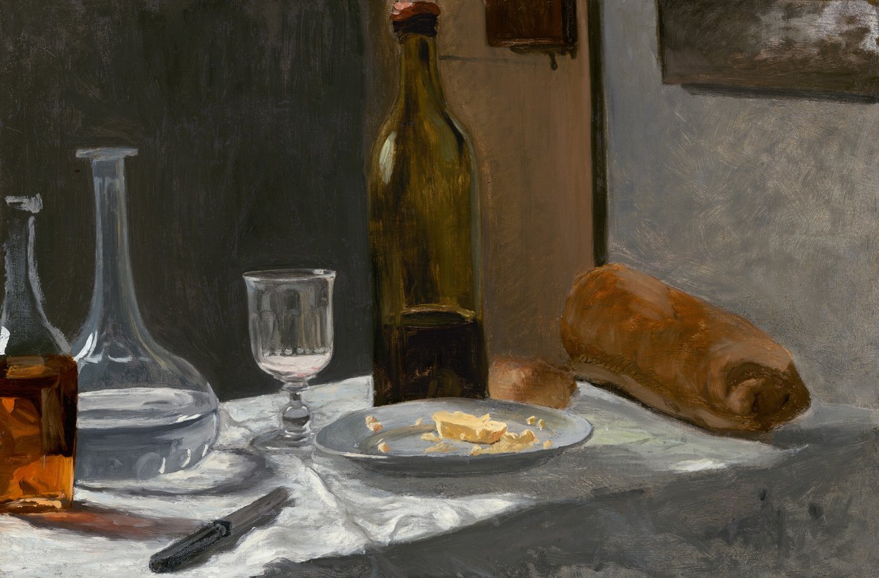 静物与瓶子、酒杯、面包和酒，约1862-1863年。 作者 克劳德·莫奈