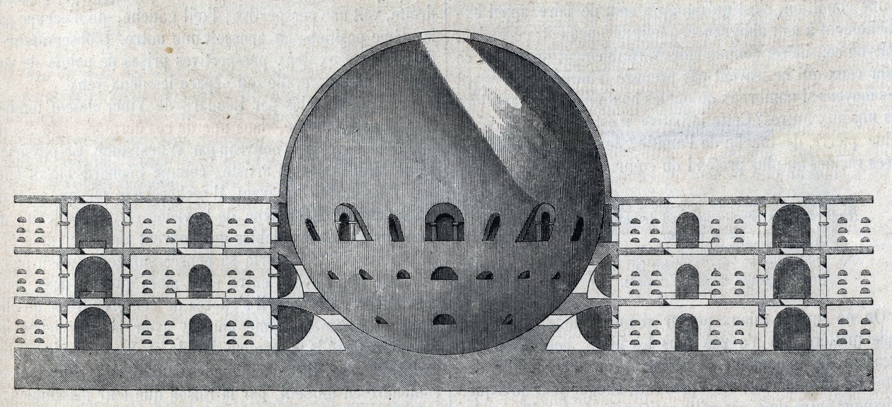 克劳德-尼古拉-勒杜（Claude Nicolas Ledoux，1736-1806）为肖克斯镇绘制的公墓平面图的横截面。 作者 克劳德·尼古拉斯·勒杜