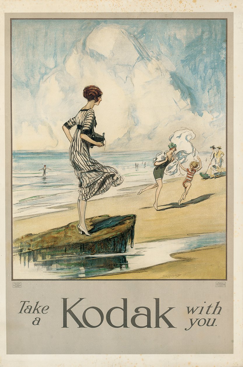 柯达的广告海报，“随身携带柯达”，摄于1910年（彩色石版画） 作者 克劳德·谢珀曼