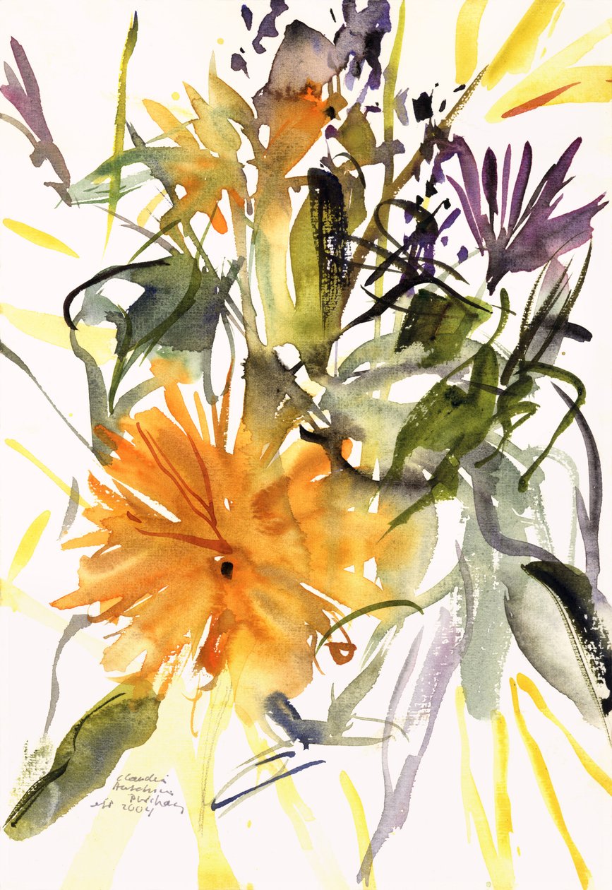 万寿菊和其他花卉，2004（水彩） 作者 克劳迪娅·哈钦斯（Claudia Hutchins）