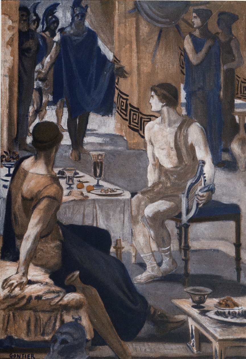 阿喀琉斯接见阿伽门农的使者。克莱门特-贡蒂埃（1876-1918 年）为霍梅尔的《伊利亚特》（奥美罗）绘制的插图。巴黎，亨利-劳伦斯 作者 克莱门特·冈蒂尔