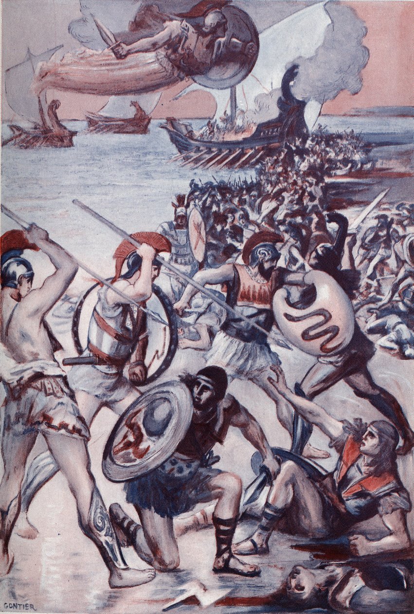 围绕帕特洛克勒斯尸体的战斗。克莱门特-贡蒂埃（1876-1918 年）为霍梅尔的《伊利亚特》（奥美罗）绘制的插图。巴黎，亨利-劳伦斯 作者 克莱门特·冈蒂尔
